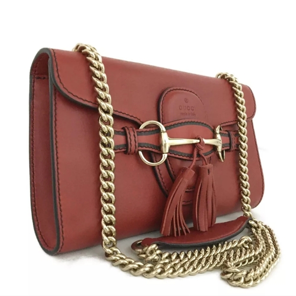 GUCCI Emily Horse Bit Leather Chain Shoulder Bag Red - Picture 2 of 11